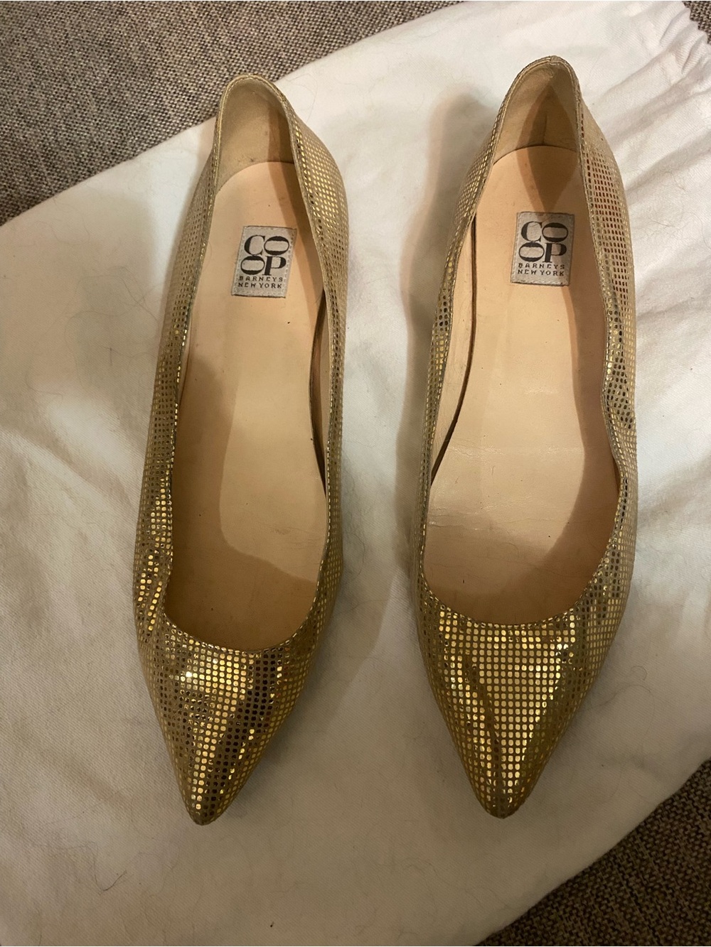 Barneys New York Metallic Gold Leather Pointed Toe Flats